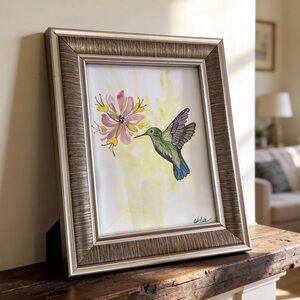 Original Handcrafted painted watercolor green hummingbird gold frame pink flower